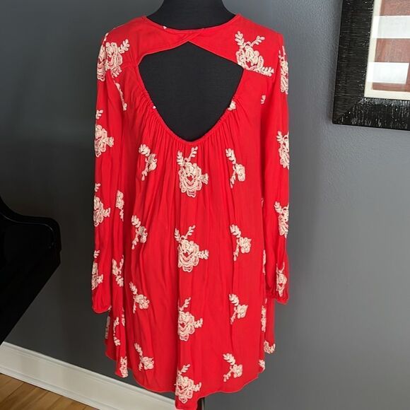 Free People Emma red/orange white embroidered floral accent open back guaze mini - Picture 5 of 8